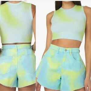 NWT We Wore What Flare Bell Short Stretch Twill Denim Tie Dye Size 30